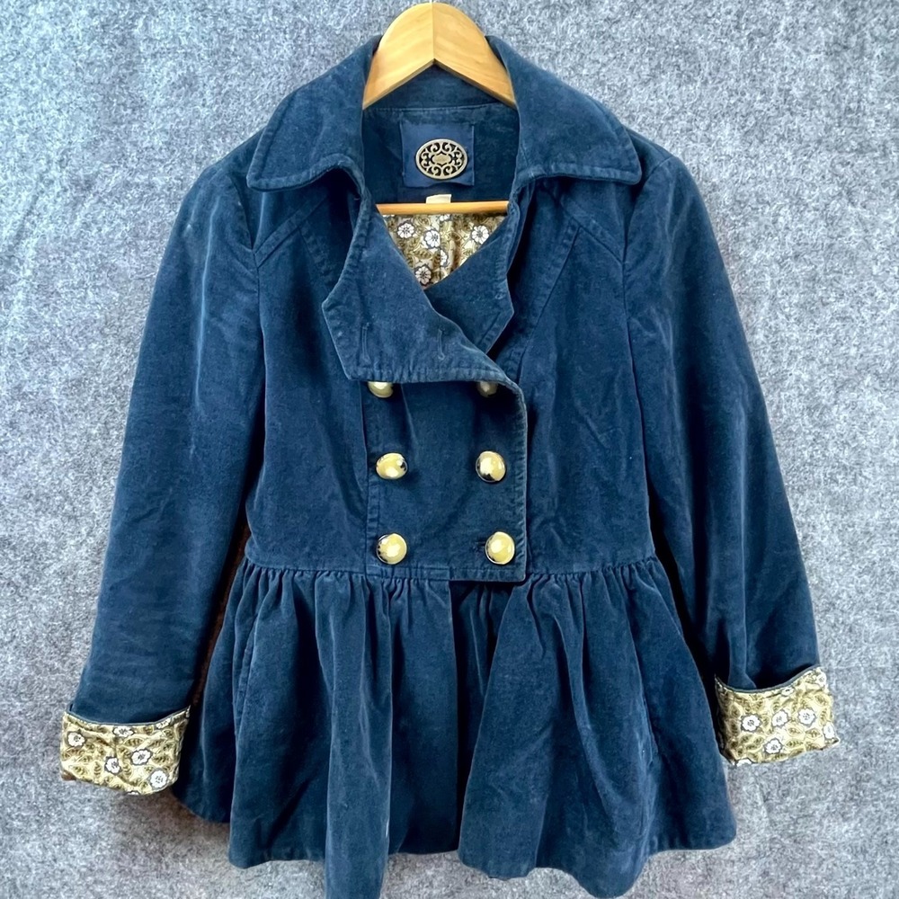 Anthropologie Idra Jacket Women 2 Blue Velvet Corduroy Double Breasted Peplum